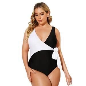 RAISINS CURVE One Piece Swimsuit 20W Black White Wrap Tummy Control NWT